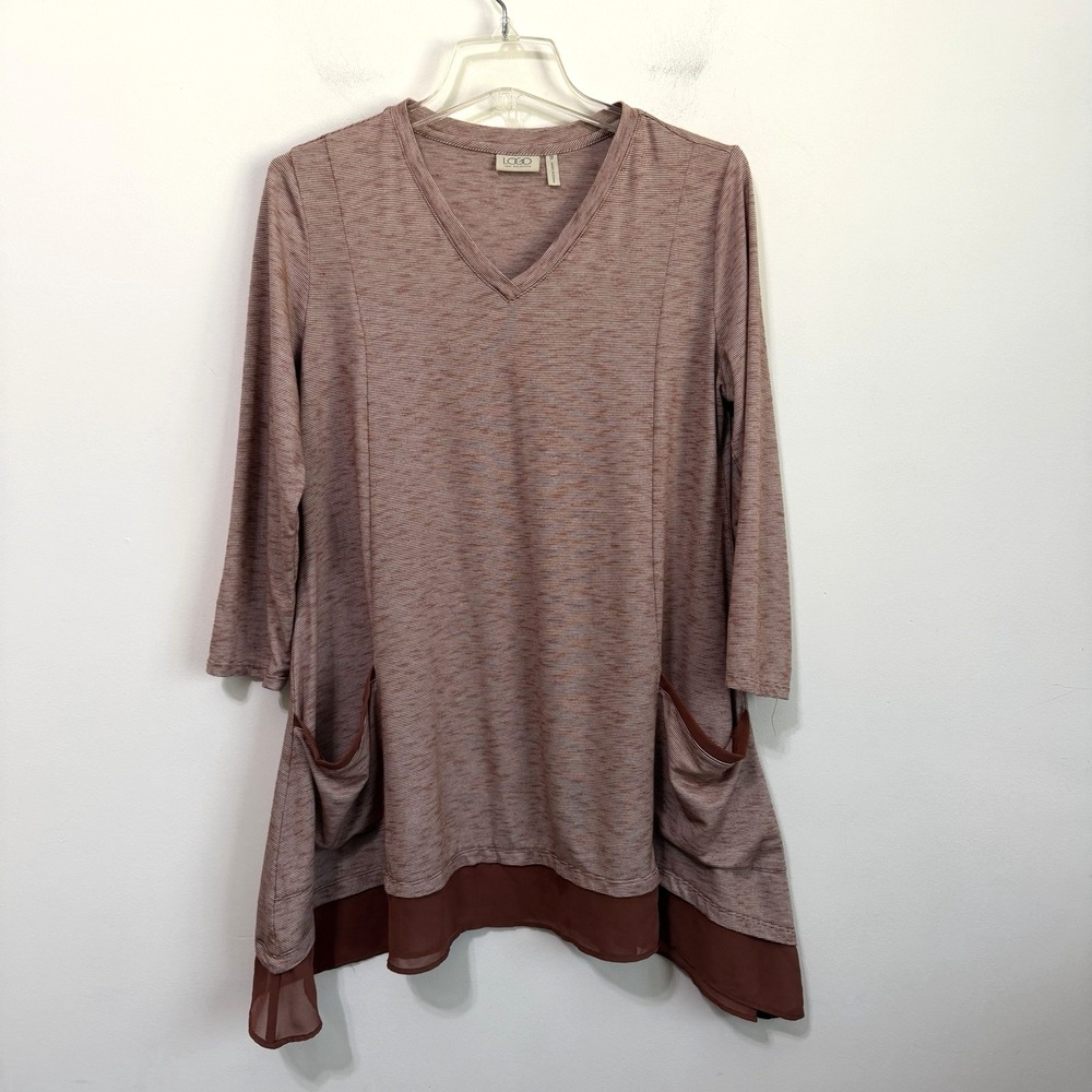 Logo Lori Goldstein Swing Tunic M Terracotta Chiffon Hem Pockets V Neck Shirt
